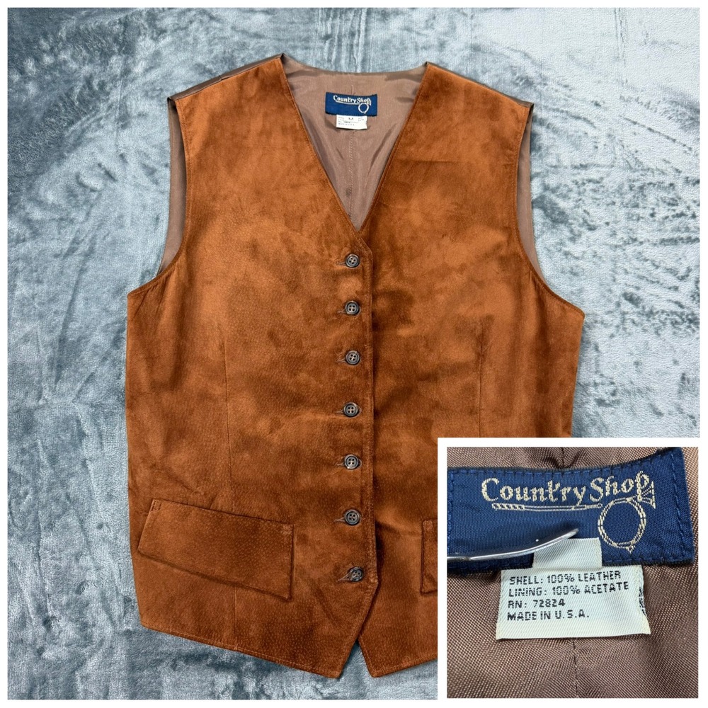 Vintage Leather Vest USA Made Brown Western Cowboy Suede Button Front Mens Med